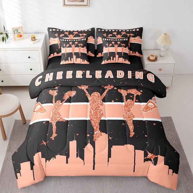 YST Cheerleader 7-Piece Comforter Set, Black Dusty Pink Dance Bedding Set, Full