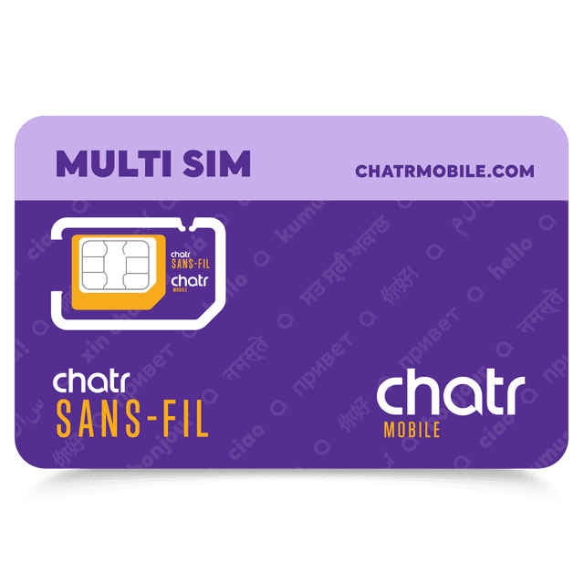 CHATR MULTI SIM PKG Prepaid nano SIM for Chatr service across Canada compatible with most unlocked smartphones supporting 4G LTE and 5G networks. Easy activation on the Chatr network and nationwide coverage. Often used as a travel backup or temporary data SIM for unlocked phones.
