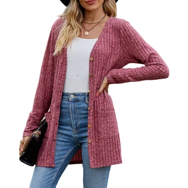 AELand Women's Long Sleeve Cardigan Sweater Lightweight Button Down Brushed Knit Tops with Pockets,S~2XL