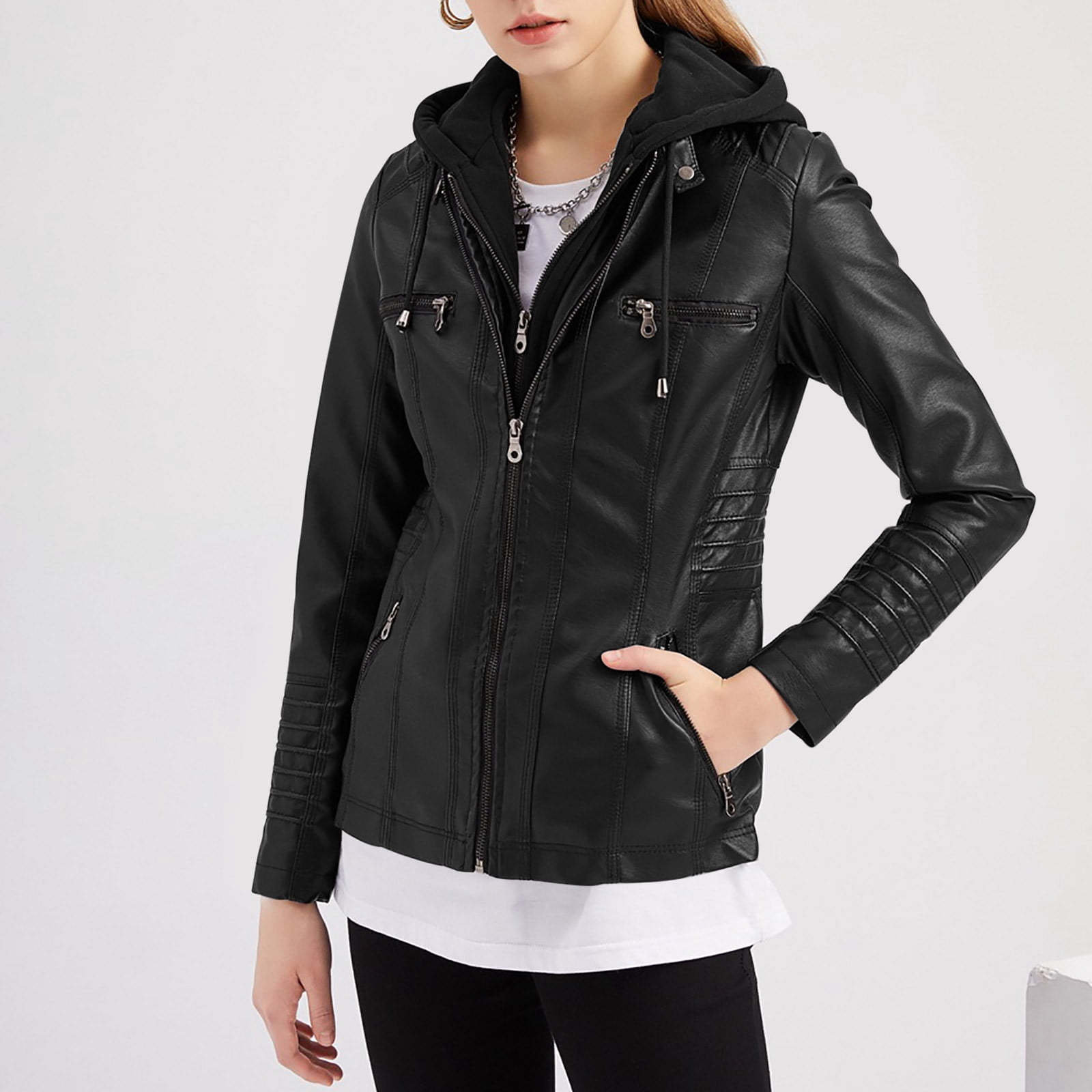 LOVZFMLL Jackets for Women's Solid Color Long Sleeved Leather Jacket Zippered Jacket Pocket Women's Spring Short Jacket