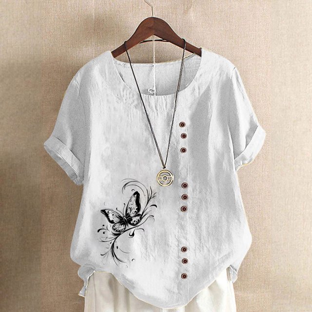 Liquidation Horkkom Hauts Grande Taille pour Femmes Été Chemises Amples en Lin à Manches Courtes Col Rond Imprimé Floral Blouses Confortables