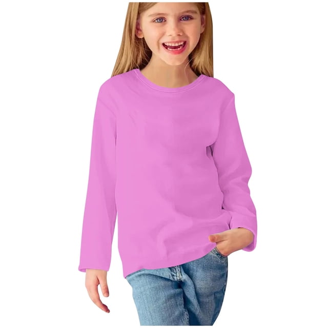 LOVZFMLL Hauts pour Petites Filles, T-Shirt de Pyjama à Col Rond à Manches Longues, Uni, Essentiel, Confortable, Polyvalent pour Tous les Jours, Superposition, Vêtements d'Automne 9-10 Ans Vêtements pour Filles