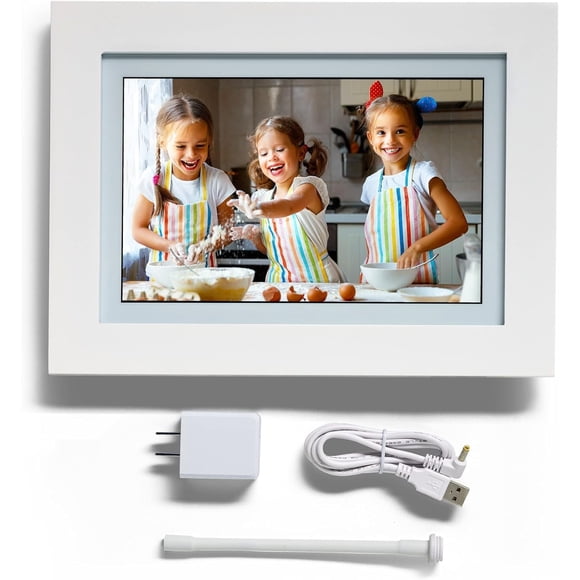PhotoSpring Cadre Photo Numérique WiFi 10 Pouces, Envoi de Photos Familiales Ou par Application, Web. Installation Facile à Écran Tactile, Affichage 1280x800, Lecture de Vidéos, Blanc
