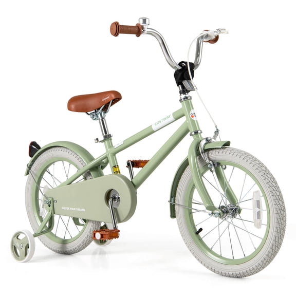 Costway Vélo pour Enfants 16 Pouces avec Selle et Guidon Ajustables, Roues Stabilisatrices Amovibles, Frein à Main, Vert