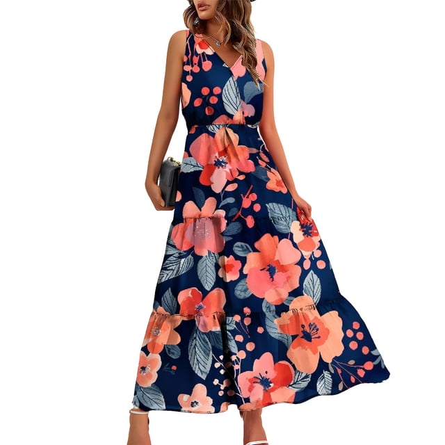 Pisexur Robes pour Femmes à Col en V Sans Manches Robe Maxi Taille Élastique Robe Évasée à Étages Robe d'Été Mode à Imprimé Floral Robe de Bal d'Été Décontractée Ample Longue Robe Confortable Fluide Robe Portefeuille pour Plage Vacances