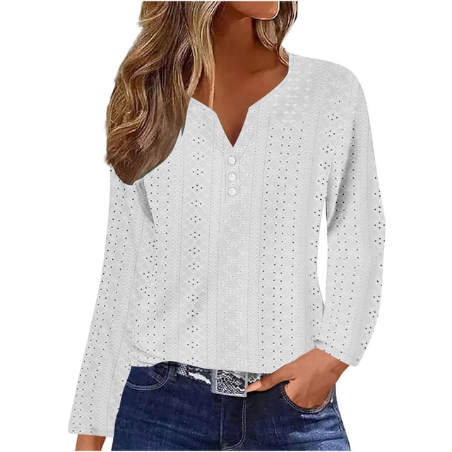 Timegard Eyelet Tops for Women Notched V Neck Button Blouse Dressy Casual Long Sleeve Loose Tops Fall