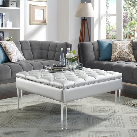 Inspired Home Stella Faux Leather Ottoman Cocktail Coffee Table Square Tufted, Silver
