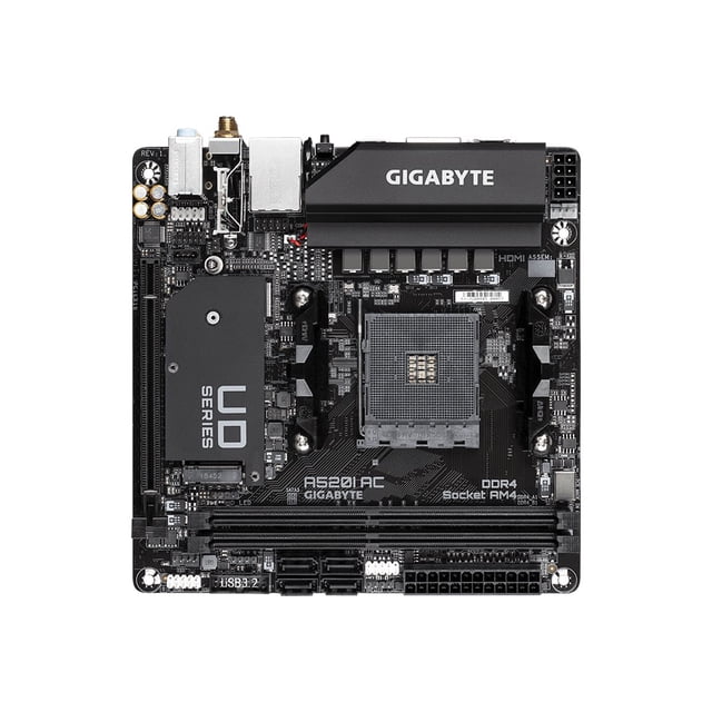 GIGABYTE A520I AC mITX AM4 Direct 6 Phases Digital PWM with 55A DrMOS, GIGABYTE Gaming GbE LAN, Intel WiFi+Bluetooth, NVMe PCIe 3.0 x4 M.2, 3 Display Interfaces, Q-Flash Plus, RGB Fusion 2.0, Motherbo