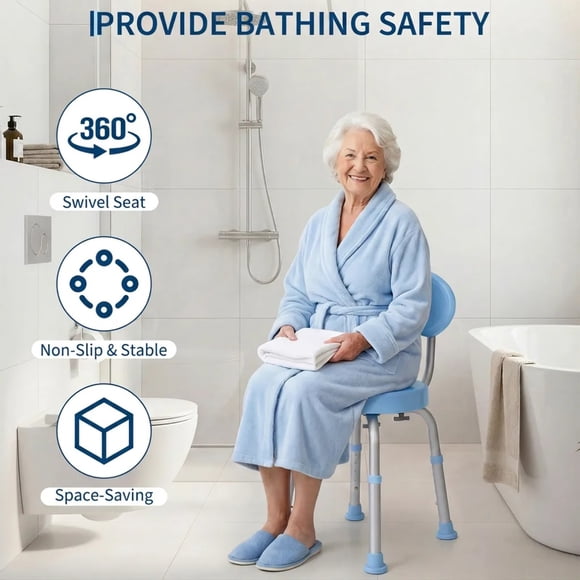 Adjustable Swivel Bath Chair with Backrest, 330lbs Non-Slip Shower Seat for Seniors Elderly Disabled, Blue Purple