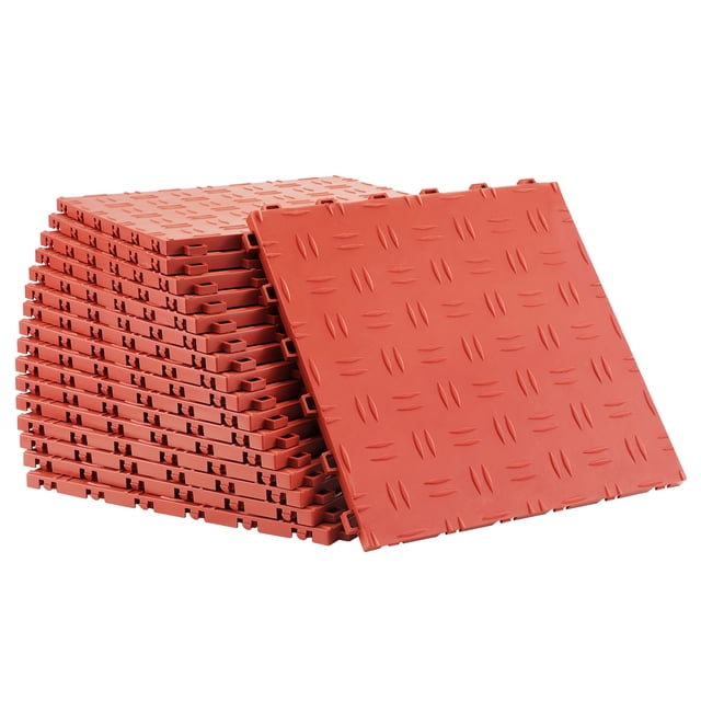 KFFKFF Interlocking Garage Tiles, 12 x 12 x 0.53 inch, pack of 50, displayed in red with a 3D diamond-textured surface. These polypropylene tiles are stacked neatly, showcasing their interlocking design for effortless installation. Ideal for garages, basements, repair workshops, and floor protection, offering non-slip texture and waterproof durability.