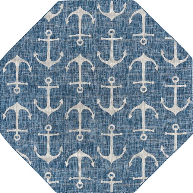 Unique Loom Outdoor Coastal Nautical Beach Rug 7' 10 x 7' 10 Octagon Blue/Gray