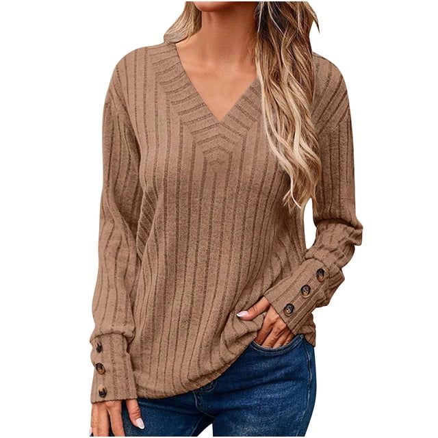 Swstbby Fall Savings Clearance! Womens Fall Tops Plus Size, Women's Solid Color Long Sleeve V Neck Pullover Top Coffee S