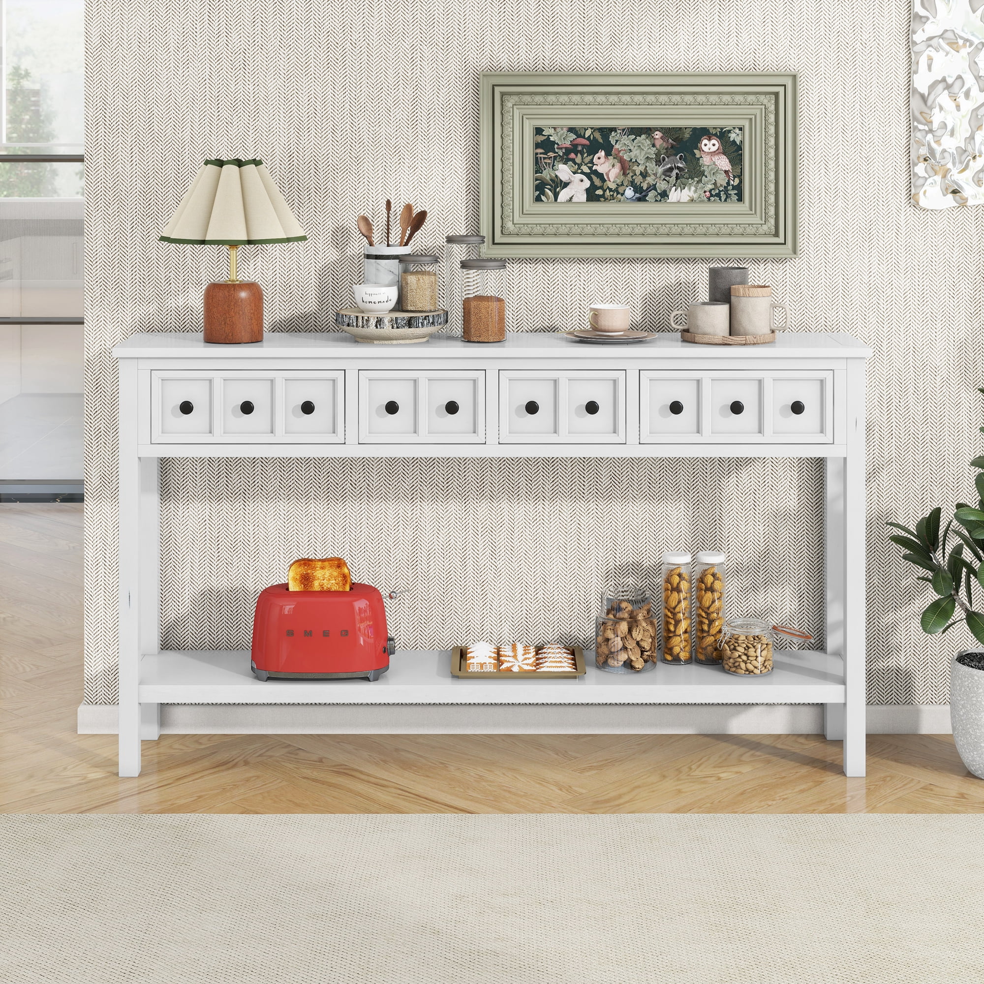 Noble House Rustic Entryway Console Table, 60" Table with two Different Size Drawers and Bottom Shelf for Storage ,Antique White