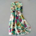 thumbnail image 2 of Pisexur Robes d'Été pour Femmes Mode Bohème à Imprimé Floral Robe Maxi Tunique Décontractée Taille Élastique Robe Soleil Col Rabattu Boutonnée Longue Robe Manches 3/4 Col en V Fluide Coton Lin Robe de Plage, 2 of 8