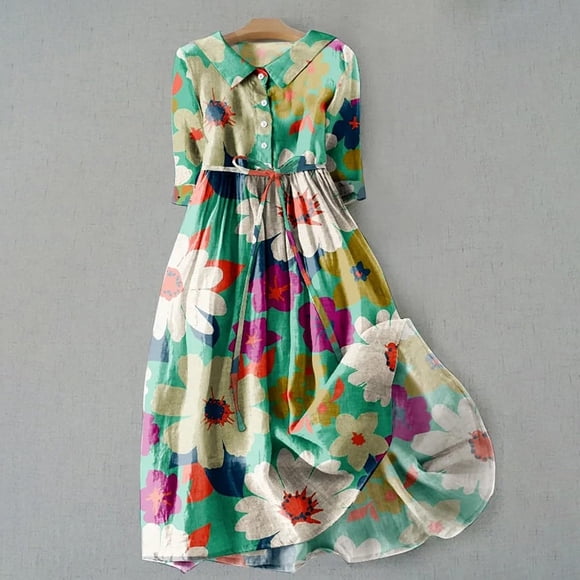 Summer Saving!Womens Cotton Floral Midi Dresses,Cotton Linen Vintage Dresses for Women 2024 Babydoll Collar Button Lace-Up Dress,3/4sleeve A Line Sundress,Casual Pleated Flowy Summer Beach Dress