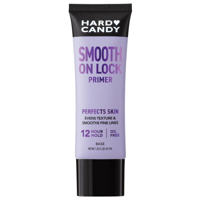Hard Candy Smooth On Lock Silicone-Based Oil-Free Face Primer in a lavender tube with black cap, providing 12-hour hold, smoothing fine lines, and evening skin texture for long-lasting makeup wear and a soft-focus finish.
