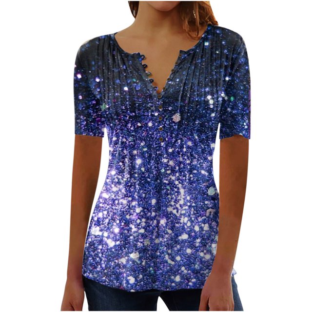 CEHVOM Mode Femme Décontractée Imprimé Col Rond Ample Manches Courtes T-shirt Haut Blouse Chandail Liquidation