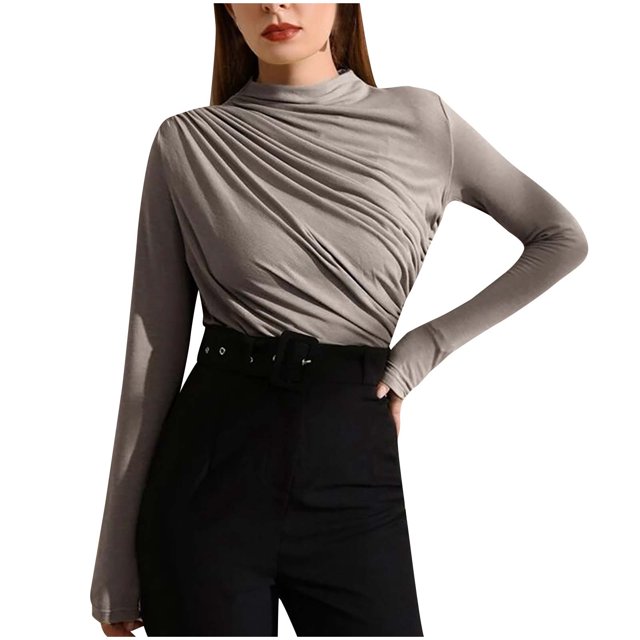 Penkiiy Women's Long Sleeve Stretch Slim Fitted Ribbed T-Shirt Blouse Cut Out Solid Basic Tops M Gray