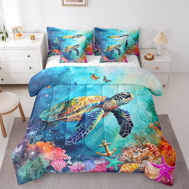 YST Cartoon Sea Turtle 7-Piece Bedding Set, Ocean Theme, King