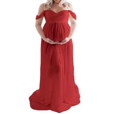 Julyccc Robe Maxi de Maternité à Épaules Dénudées avec Fente avant pour Séance Photo