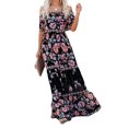 thumbnail image 3 of MAWCLOS Femmes Été Plage Robe Soleil Floral Imprimé Maxi Robes de l'Épaule Longue Robe de Vacances en Vrac à Manches Courtes Noire Pivoine M, 3 of 5