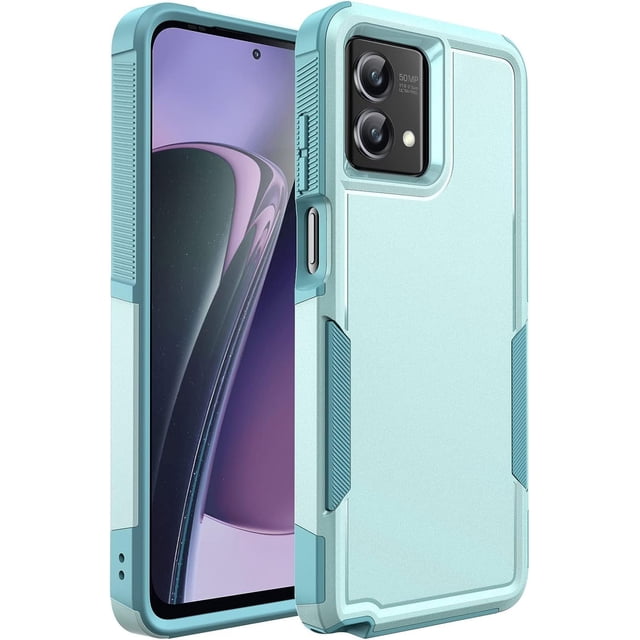 Motorola Moto G Play 2024 Étui de Téléphone avec Double Couche d'Armure en Caoutchouc Robuste, Doté d'Un Étui Arrière en PC Solide et d'Un Pare-Chocs en TPU Souple pour une protection Antichoc. Comprend 4 Coins Coussinés Antichute, des Bords Surélevés Autour de l'Écran et de l'Objectif de l'Appareil Photo, et des Découpes Précises pour un Accès Facile à Toutes les Fonctionnalités. Présenté en Couleur Sarcelle Pâle.