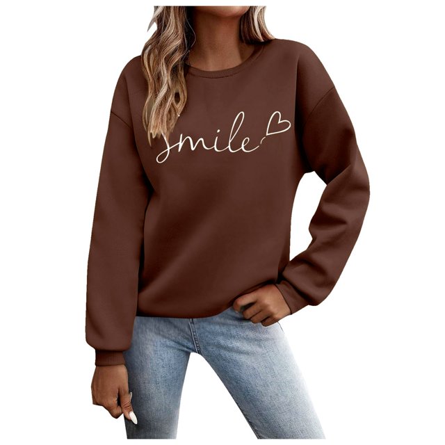 Chandails pour Femmes Automne Superposition Haut Col Rond Chandail à Rayures Manches Longues Hauts Décontractés Tenue de Détente Confortable Chandail de Sport Femme Coffee L