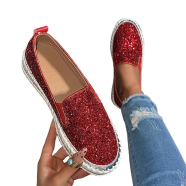 Hinvhai Espadrilles à Enfiler pour Femmes avec Strass et Paillettes en Liquidation, Mocassins à Plateforme à Semelle Épaisse, Chaussures Décontractées à Bout Rond à la Mode Rouges 5.5(36)