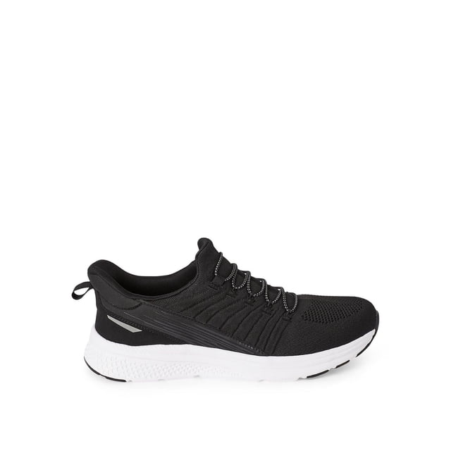 Athletic Works Men's Ez on Walking Sneakers in black with polyester and faux leather upper, rubber and synthetic outsole, slip-on style with bungee laces, wide width, round toe, thick white sole, and pull loop for easy on and off, ideal for casual and sporty wear.