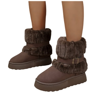 Rokment Fuzzy Platform Foldover Winter Snow Boots for Women 2025 Fashion Casual Buckles Warm Plush Fold over Memory Foam Mid Calf Dress Boots Christmas Party