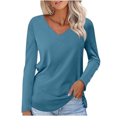 Timegard Tops for Women V Neck Long Sleeve Basic Tee Shirts Casual Comfy Solid Color Tunic Tops Blouse