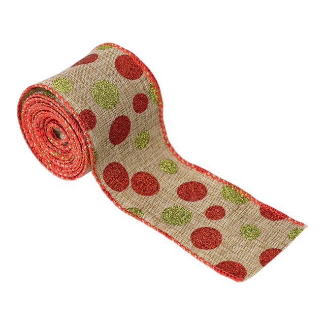 TopLLC Christmas Ribbon Wired 5 Yards 2.5 inch Red and Green Polka Dots Burlap Wired Edge Ribbon, Glitter Christmas Tree Decorative Ribbon Christmas Decorations for Gift Wrapping Craft Bows Wreaths