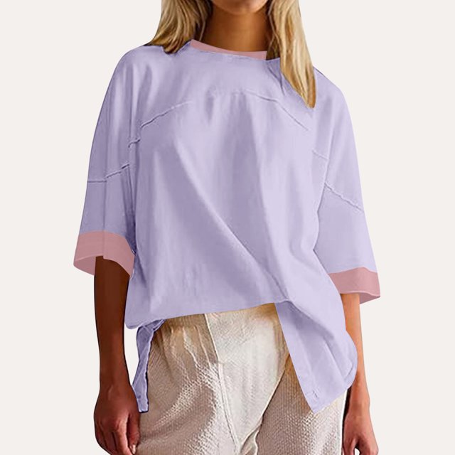 Mareep Blouse pour Femmes P-2TG T-Shirt à Manches Courtes Surdimensionné à Blocs de Couleur pour Femmes Col Ras du Cou Patchwork Ourlet Fendu Chemise Décontractée Ample d'Été T-Shirt Haut Hauts pour Femmes Liquidation, Cadeau