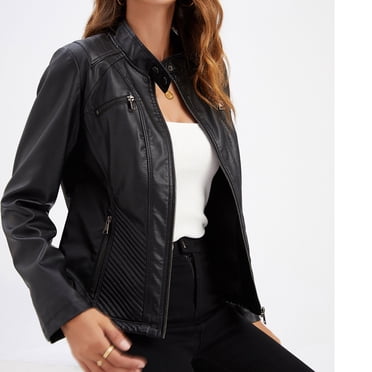 Fiogavroetic Women's Slim Leather Stand Collar Zip Motorcycle Suit Belt Coat Jacket Tops