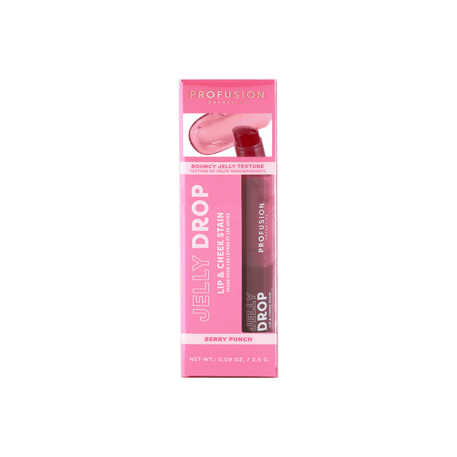 Jelly Drop Lip & Cheek Stain - Berry Punch by Profusion Cosmetics in a pink box showing the deep berry red gel stain tube with a flat angled doefoot applicator, highlighting its lightweight, hydrating jelly texture and 2.5 g net weight, ideal for tinting lips and cheeks.