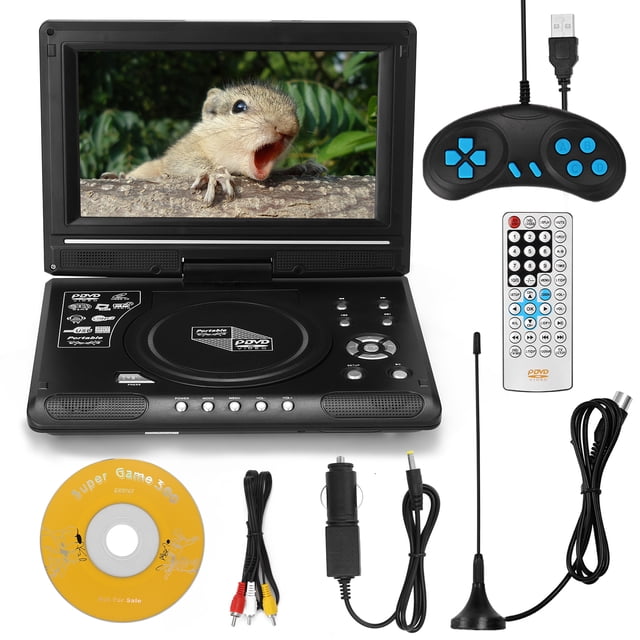 Amdohai 9.8-inch TV DVD Player Portable VCD MP3 MPEG Viewer with Game Handle and Compact Disc. Features an 8.5-inch LCD 16:9 widescreen with 270-degree rotation, built-in stereo speakers, and compatibility with AVI, EVD, DVD, SVCD, VCD, CD-R/RW, MPEG-4, and JPG formats. Includes a game handle, remote controller, AV cable, car adapter, TV antenna, and compact disc. The device supports TV function with cable TV signal interface, USB and memory card inputs, and rechargeable lithium battery for portability. Shown in black with accessories displayed.