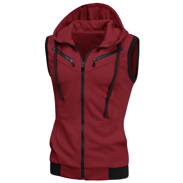 INSPIRE CHIC Men's Kangaroo Pocket Zip Up Drawstring Hoodie Vest