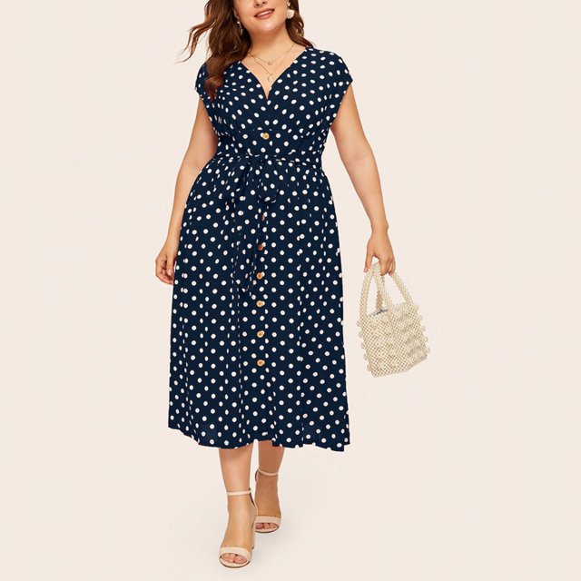 LSLJS Plus Size Ladies Polka Print Dress Button Lace-up Waist V-neck Skirt