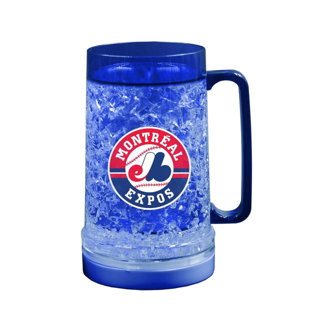 FREEZER MUG MLB 16OZ ME avec Isolation en Gel Cristal à Double Paroi Bleue et Poignée, Présentant le logo Officiel des Montreal Expos en Rouge, Blanc et Bleu, Conçu pour Garder les Boissons Froides Sans Glace, Convient à une Utilisation Extérieure comme les Pique-Niques et les Journées à la Piscine.
