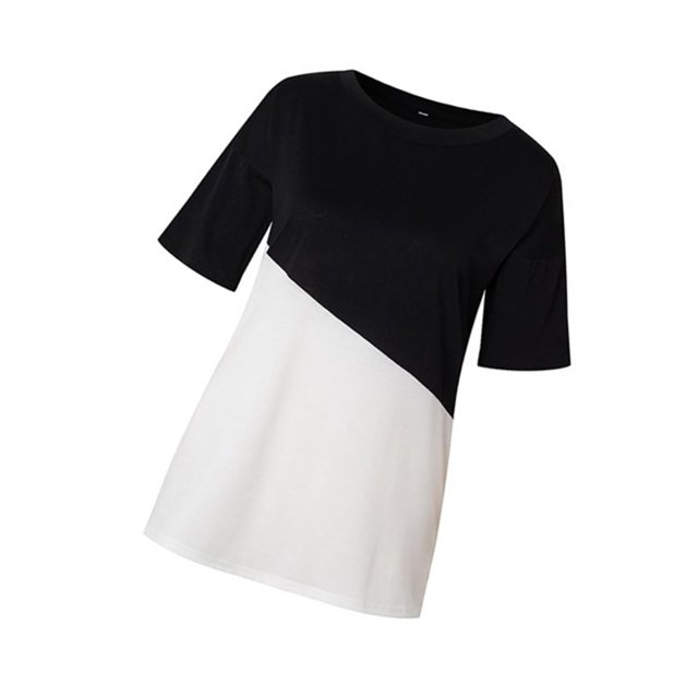 T-shirt Femme à Blocs de Couleur Manches Courtes Haut à Manches Courtes T-shirt Fille Col Rond Blouse, Noir, S