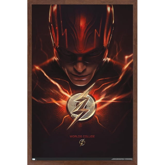 DC Comics Movie The Flash - The Flash One Sheet Wall Poster, 22.375" x 34", features a centered close-up of The Flash's chest with a metallic gold lightning bolt emblem glowing with red and orange electric streaks on a dark background, framed in wood, with the text 'WORLDS COLLIDE' below, suitable for decorating bedrooms, offices, or dorm rooms.