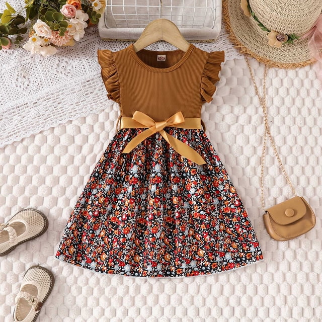 Robes pour Filles Robe d'Été Florale Nœud à Nouer à Empiècements Côtelée Sans Manches Ourlet à Volants Robe pour Tout-Petits Enfants Décontractée Plein Air Séance Photo
