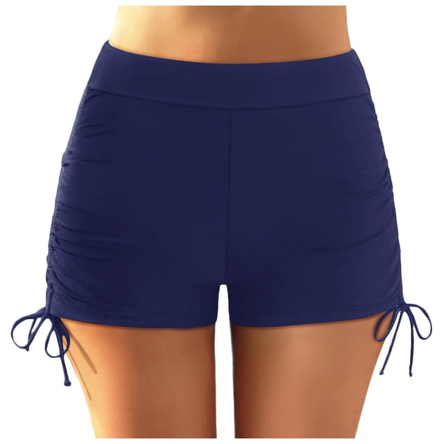 Riforla Swim Shorts for Women Plus Size High Waist Ruched Full Coverage Beach Shorts with Drawstring for Sports Bathing Suit Bottoms for Women Dark Blue M