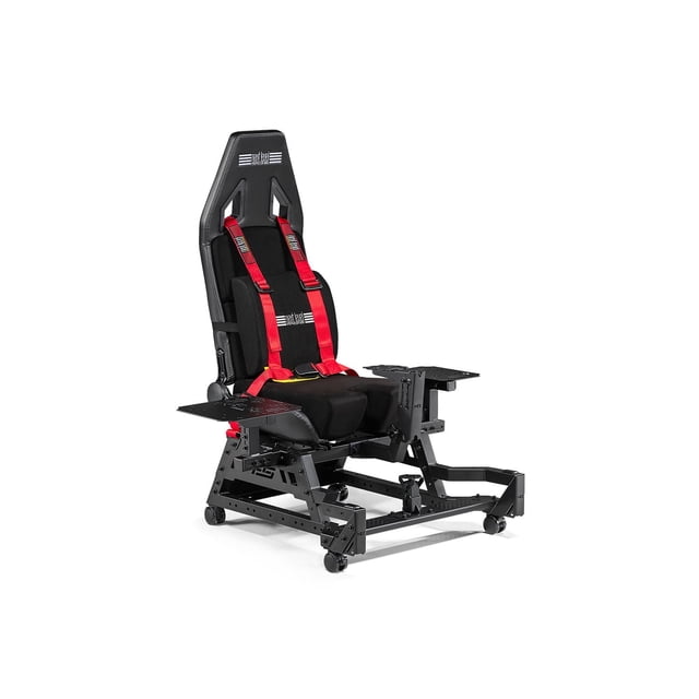 Next Level Racing® Flight Seat Pro featuring a black ergonomic racing-style seat with red four-point harness straps, mounted on a black metal frame with adjustable flight plates and lockable castor wheels, ideal for flight simulation and gaming setups.