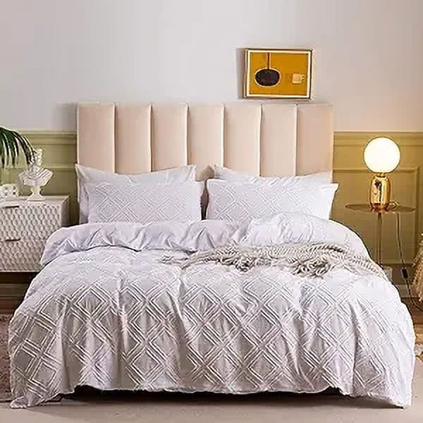 Apex Global Duvet Cover Queen - 3 Piece - Microfiber Tufted Boho Textured Duvet Cover - Jacquard Rhombus Geometric Pattern with Corner Ties & Zipper Closure (White)…