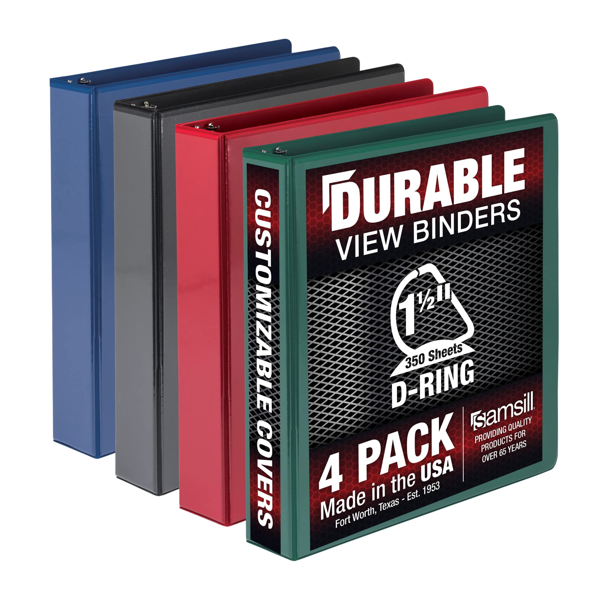 Samsill Durable 1.5 Inch Binder, Made in the USA, D Ring Binder, Customizable Clear View Binder, Basis Assortment, 4 Pack, Each Holds 350 Page