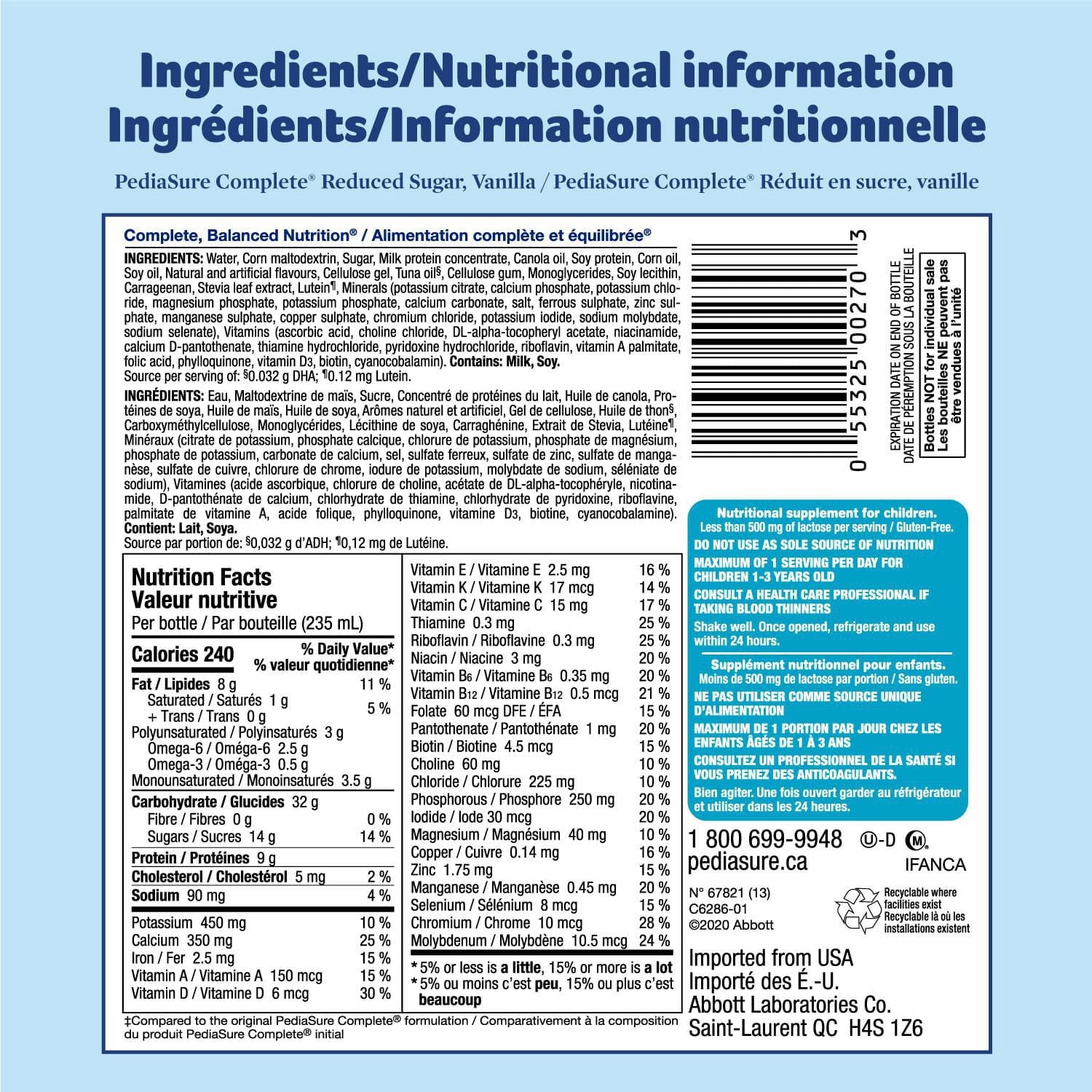 PediaSure Complete® Reduced Sugar, Nutritional Supplement, Vanilla, 4x235 mL Bottles
