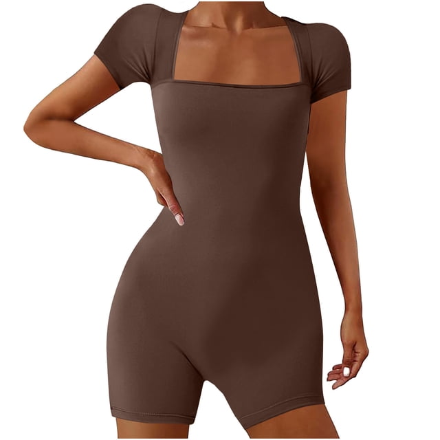 LOVZFMLL Women's Summer Yoga Short Sleeve Neck Short Jumpsuit Motion Rompers Outfit Coffee XL