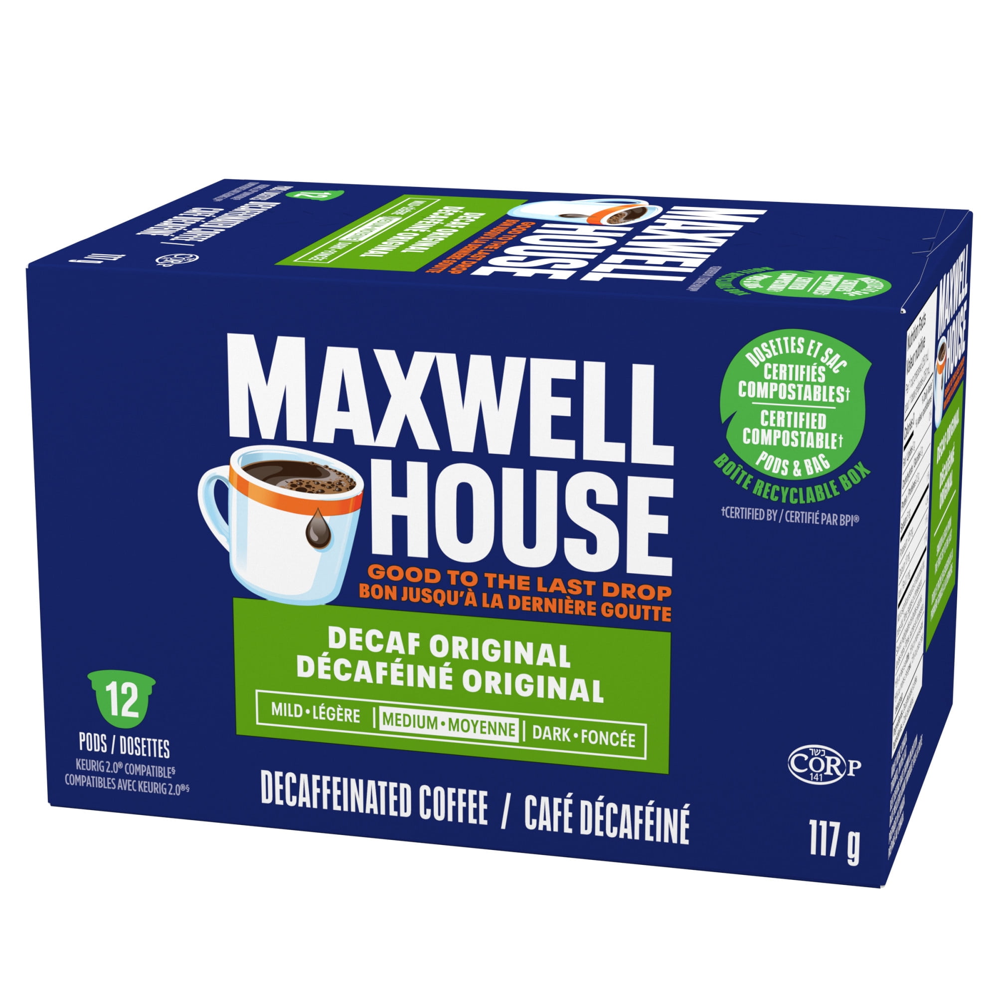 Maxwell House, Decaf Coffee 100% Compostable Pods, 12 Pods, Medium