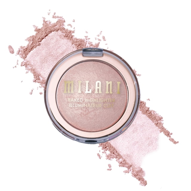 Milani - Baked Highlighter - 01 Dolce Perla - 1Pc, a round compact with a clear lid showing light pink baked highlighter powder inside, set on crushed powder swatches on a white background, featuring a velvet-soft formula with micro-fine luminescent pearl powders for a natural, multi-dimensional glow and weightless finish.